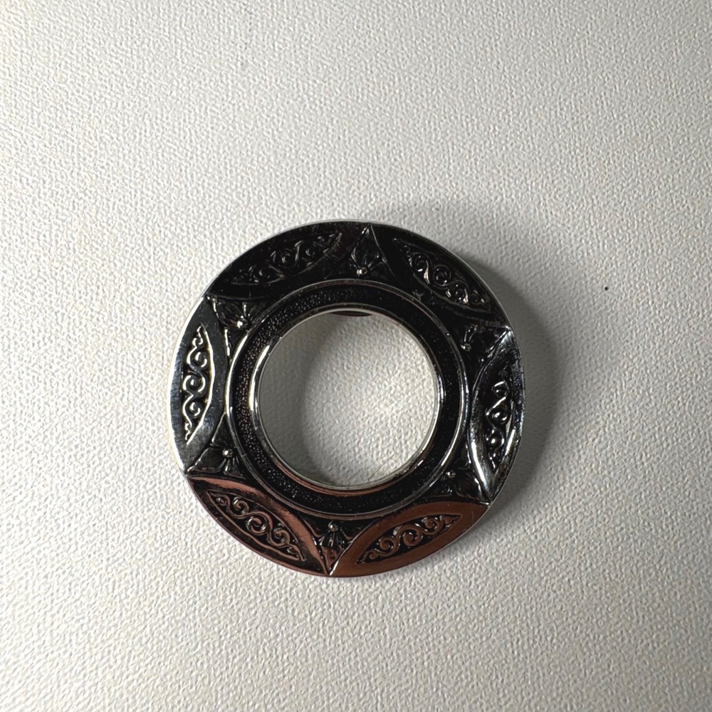 Vintage Silver Tone Etched Scroll Round Scarf Clip Accessory 1.25 Inch